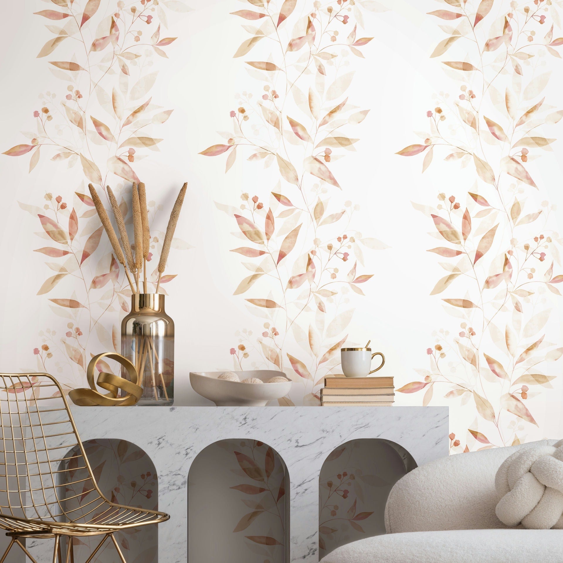 Vliestapete weiß, beige pflanzen