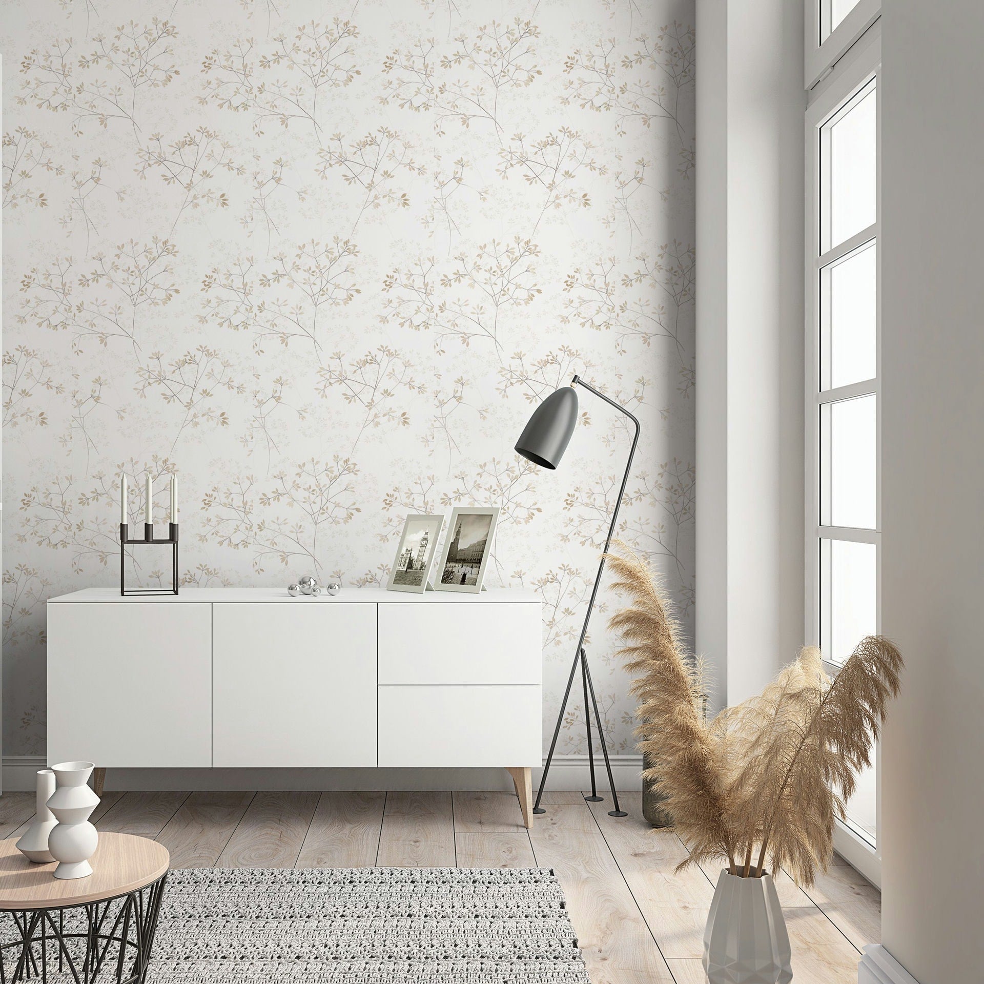 Vliestapete weiß, beige pflanzen