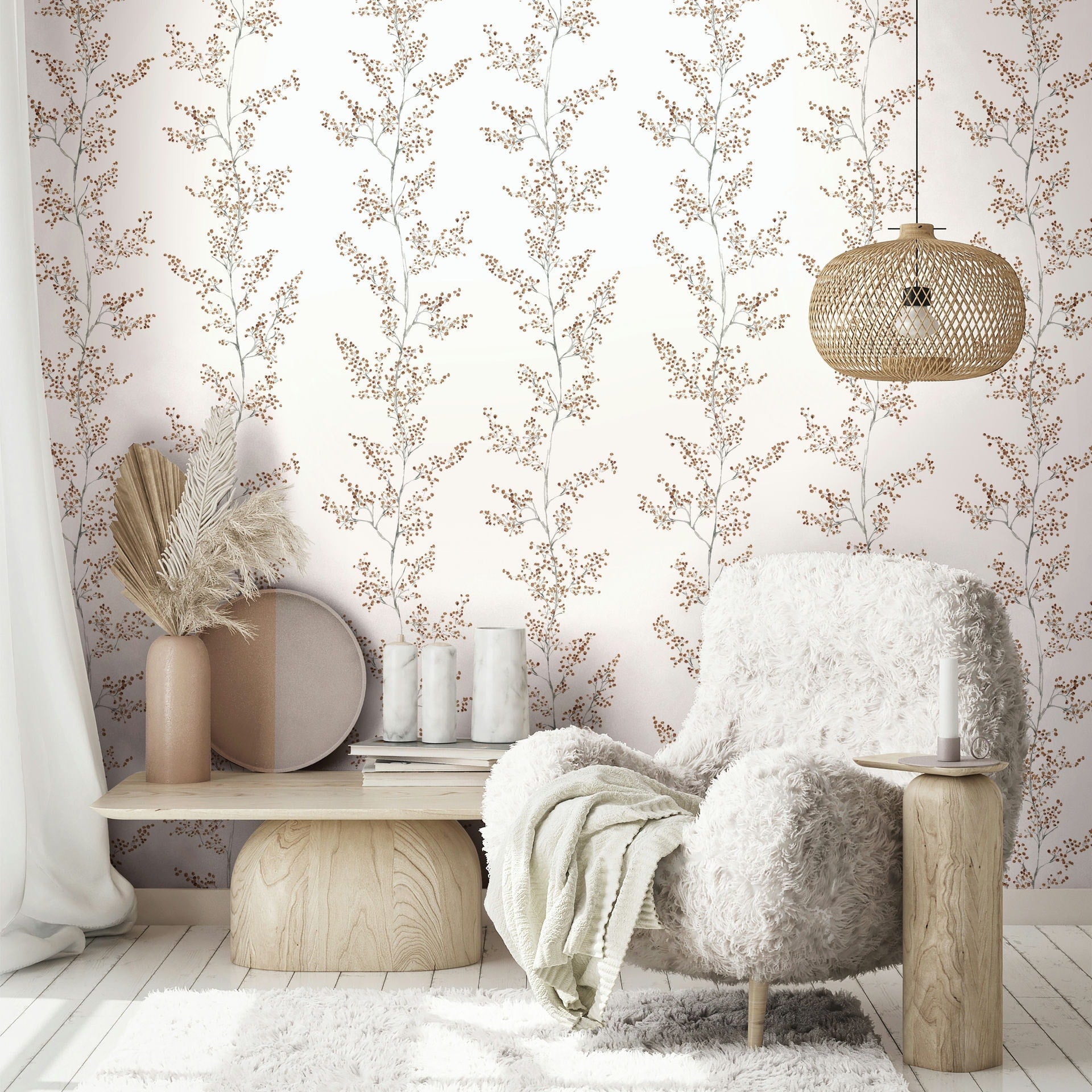 Vliestapete weiß, beige pflanzen
