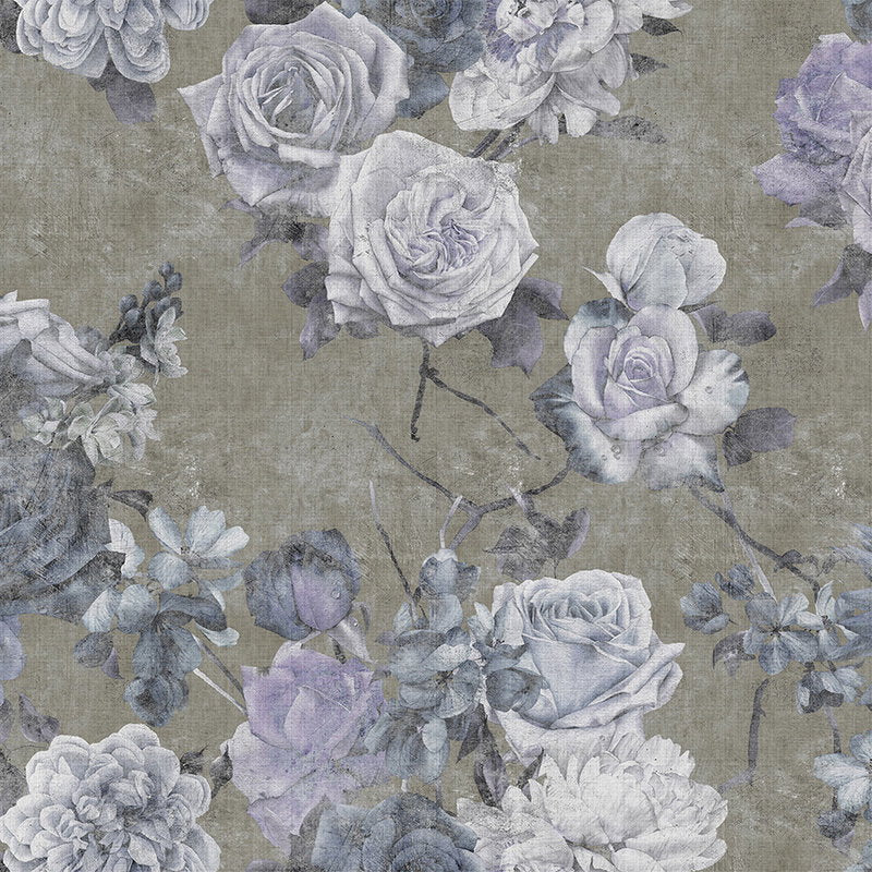 Fotomural Walls by Patel - Sleeping Beauty 1 - Wallpaper in natural linen structure rose blossoms in used look - Blue, Taupe