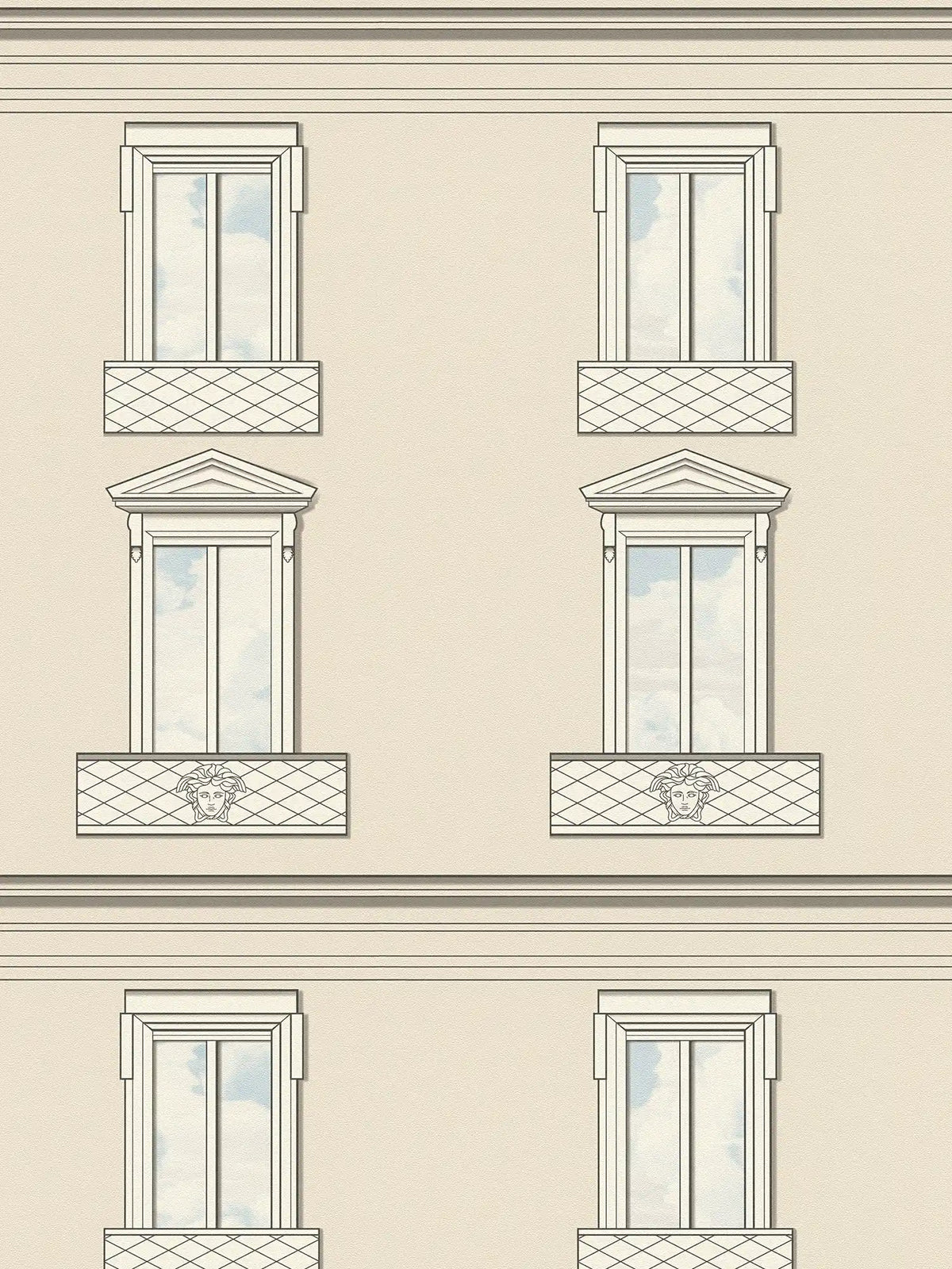 Papel pintado no tejido VERSACE con fachada de casa clásica, detalles de ventanas y frontones decorativos textura clara mate - beige, gris, negro