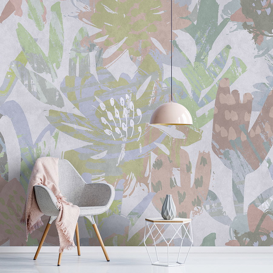 Fotomural Walls by Patel - Photo wallpaper »sophia« - Colourful floral pattern on concrete plaster texture - Smooth, slightly shiny premium non-woven fabric