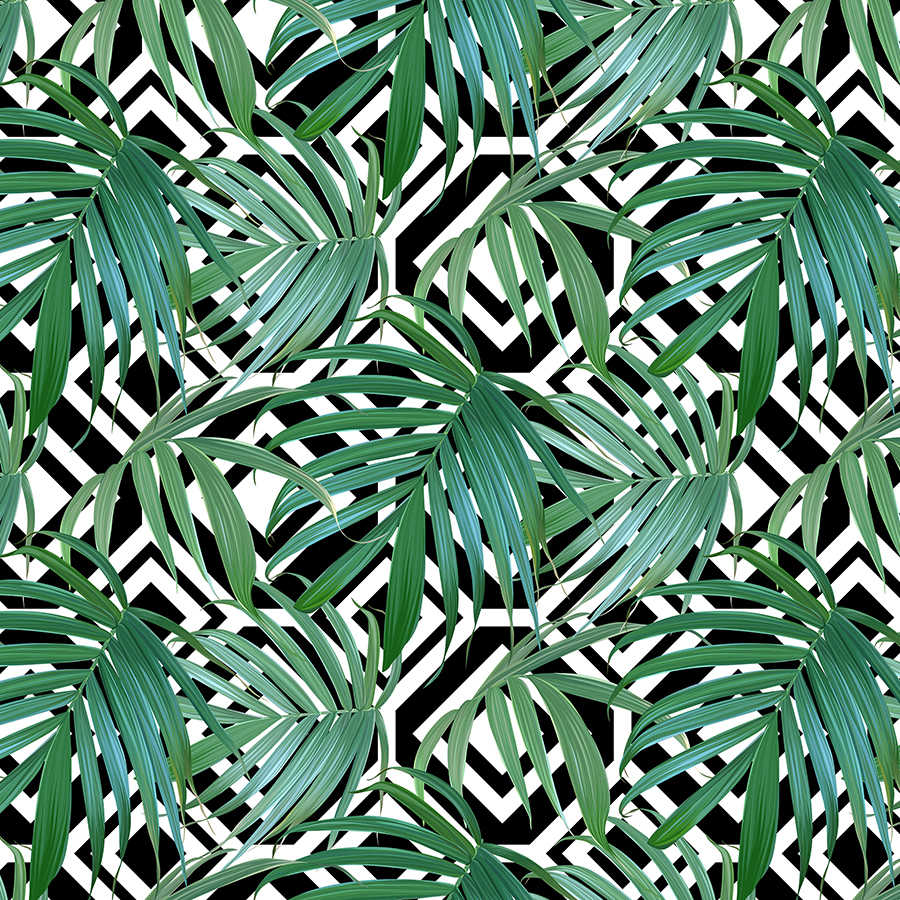 Fotomural Panel XXL 5 - Graphic wall mural jungle plants in front of black white graphic on premium smooth nonwoven