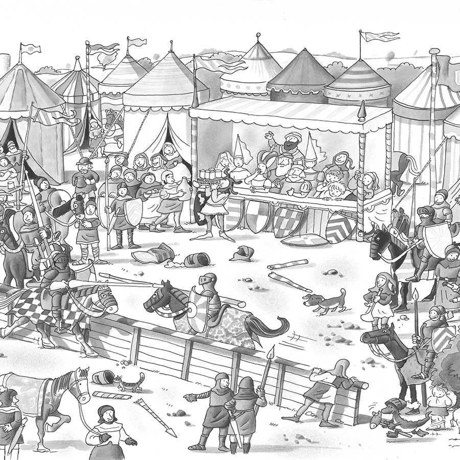Fotomural Panel XXL 5 - Children mural knight festival with festivals black white on premium smooth non-woven