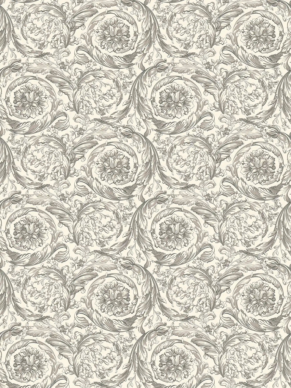 VERSACE Papel pintado no tejido con muestra floral de filigrana fondo ligeramente brillante liso, muestra con textura - gris, blanco