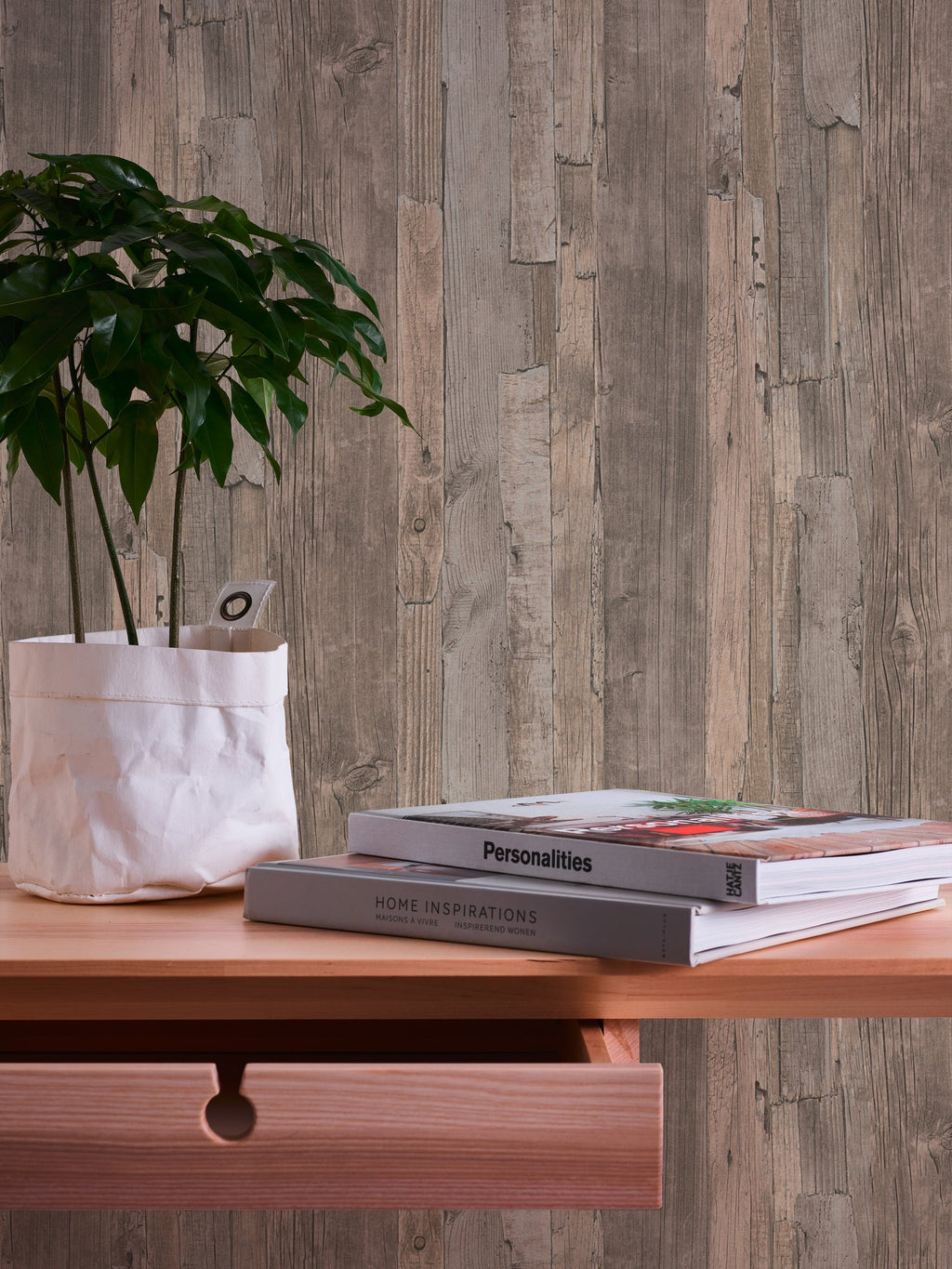Hochwertige Vliestapete Beige Holzoptik