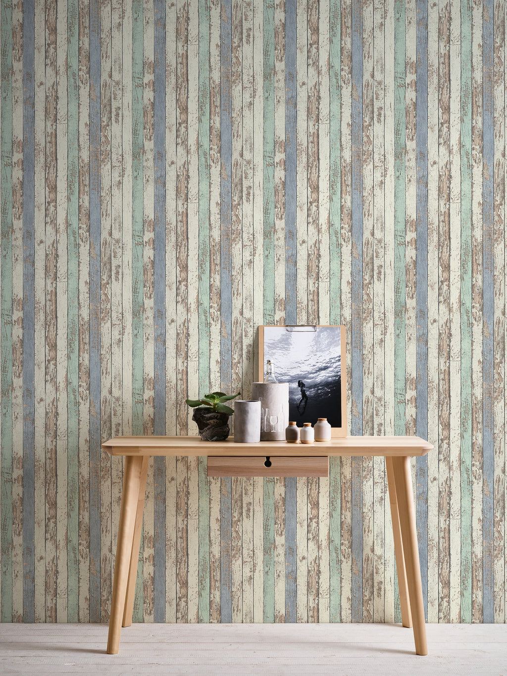 Hochwertige Vliestapete Blau Holzoptik