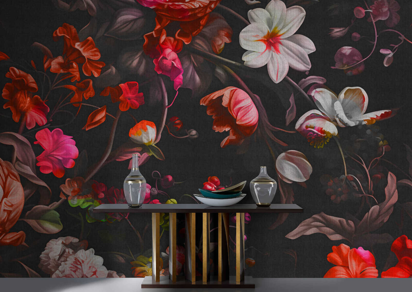Fotomural Walls by Patel - neonbloom1 - Floral plant wallpaper in an artistic textile look - black, red