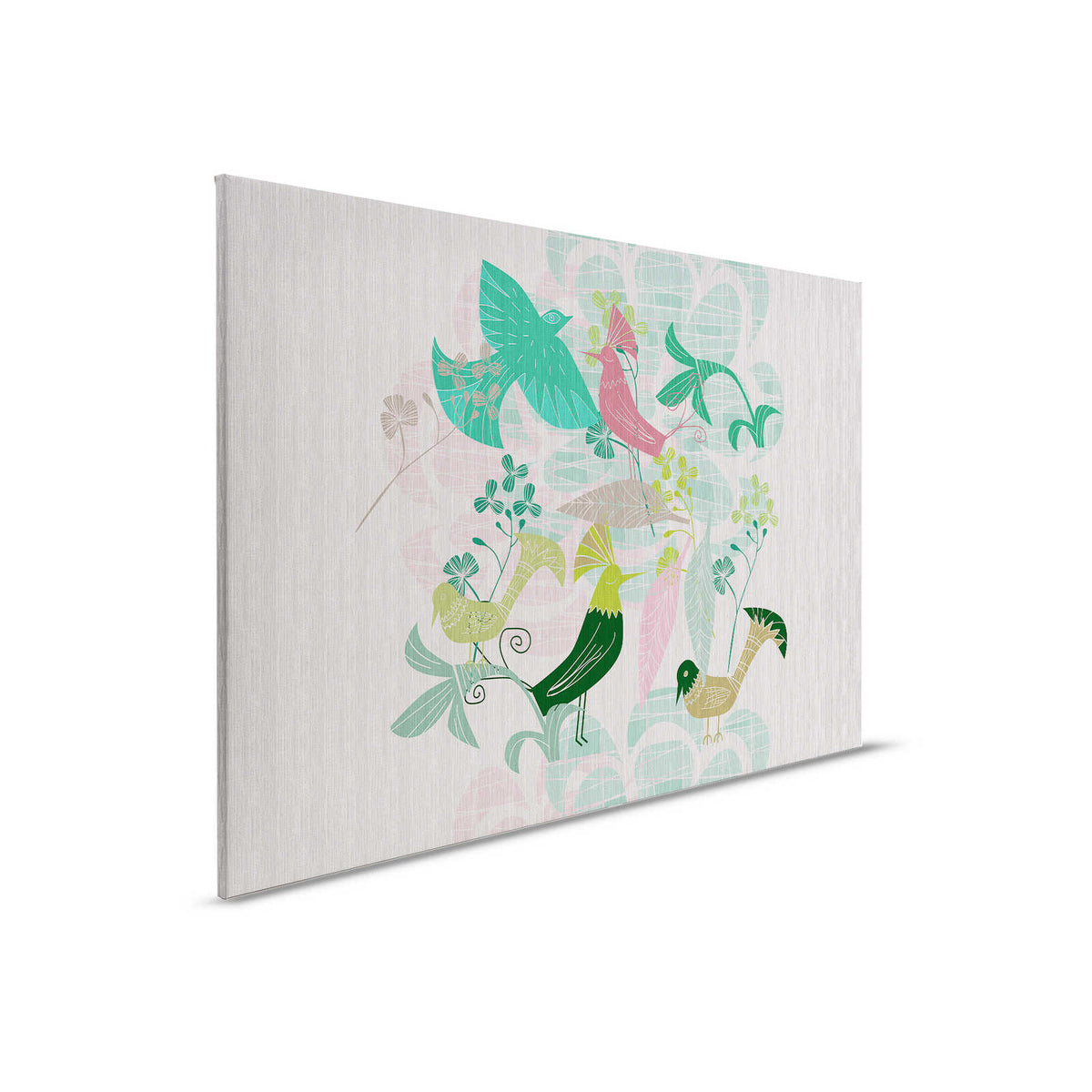 Birdland 3 - Pintura en lienzo Pájaros verdes y rosas Patrón estilo retro