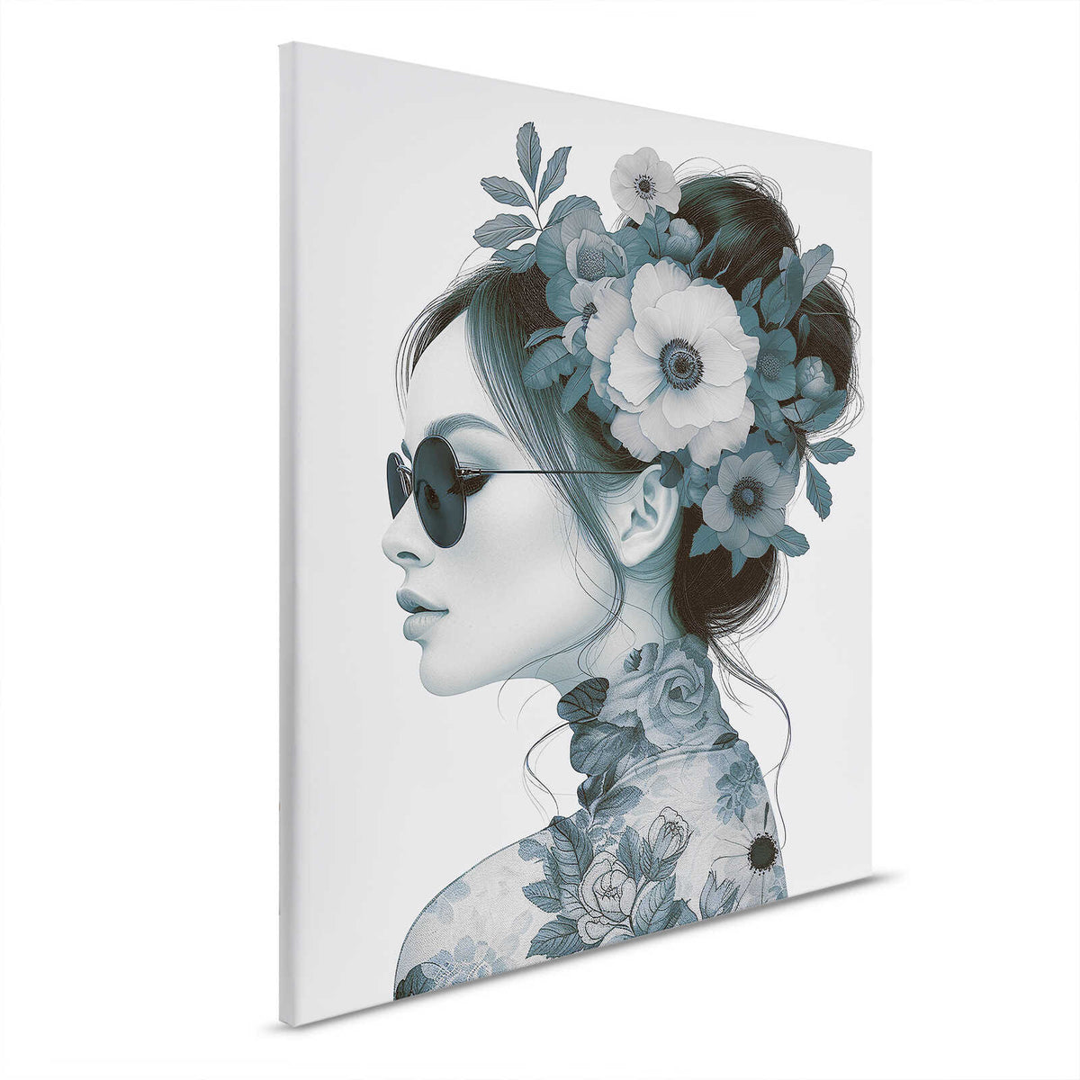 Cuadro lienzo Retrato de flores - Elegancia en azul y negro
