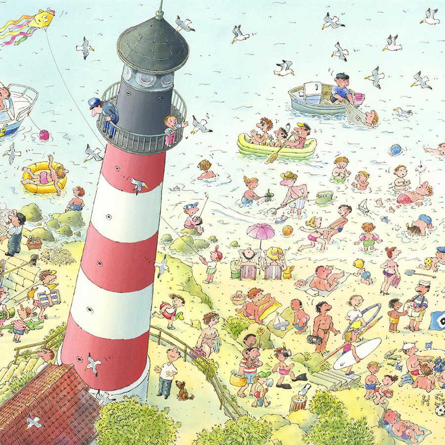 Fotomural Panel XXL 5 - Children mural beach with bathers and lighthouse on premium smooth nonwoven