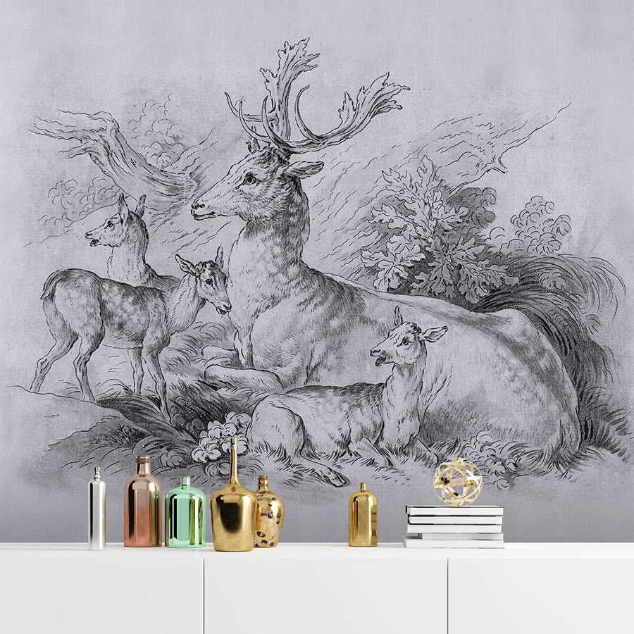 Fotomural Walls by Patel - On the Grass 2 - wall mural deer & stag vintage drawing in grey