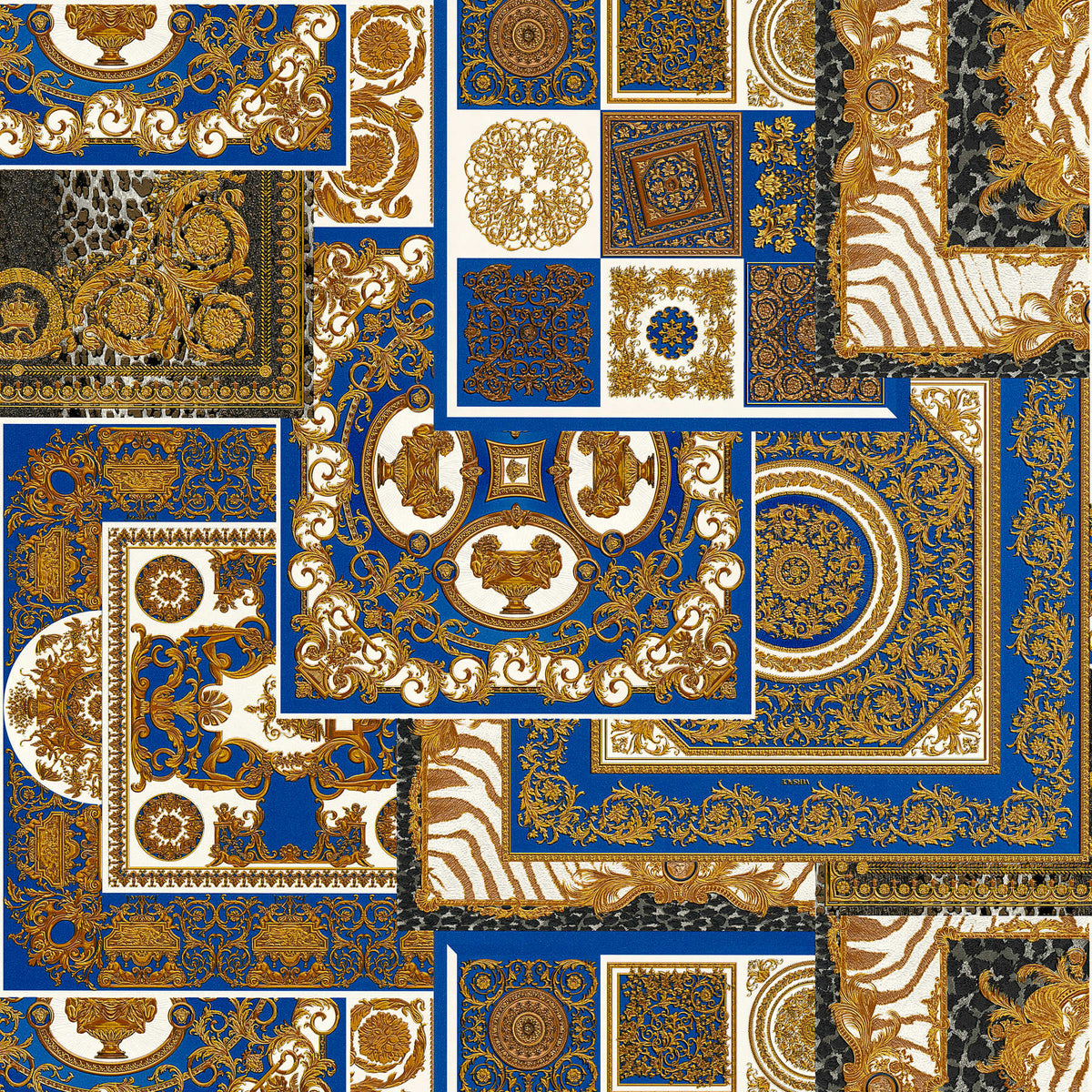Papel pintado VERSACE Home detalles barrocos y estampado animal - oro, azul, blanco