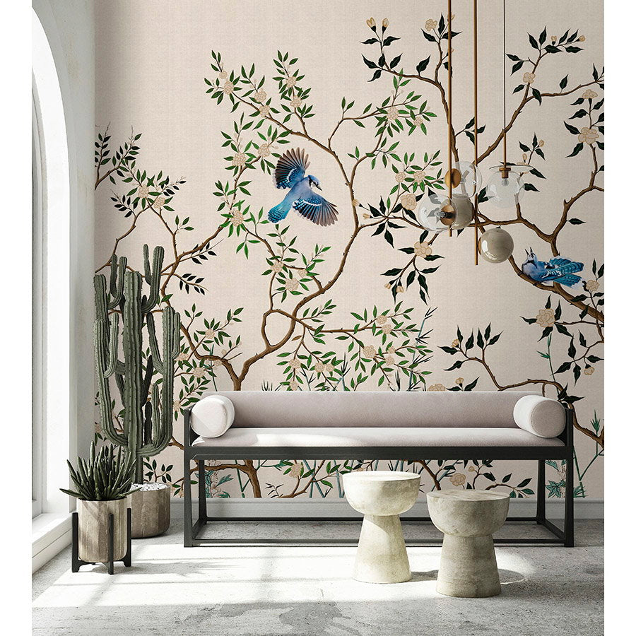 Fotomural Walls by Patel - Photo wallpaper »merula« - branches & birds - light with linen texture