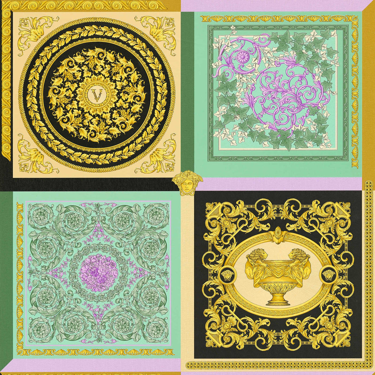 Colorido papel pintado VERSACE mezcla de ornamentos metálicos en patrón de azulejos