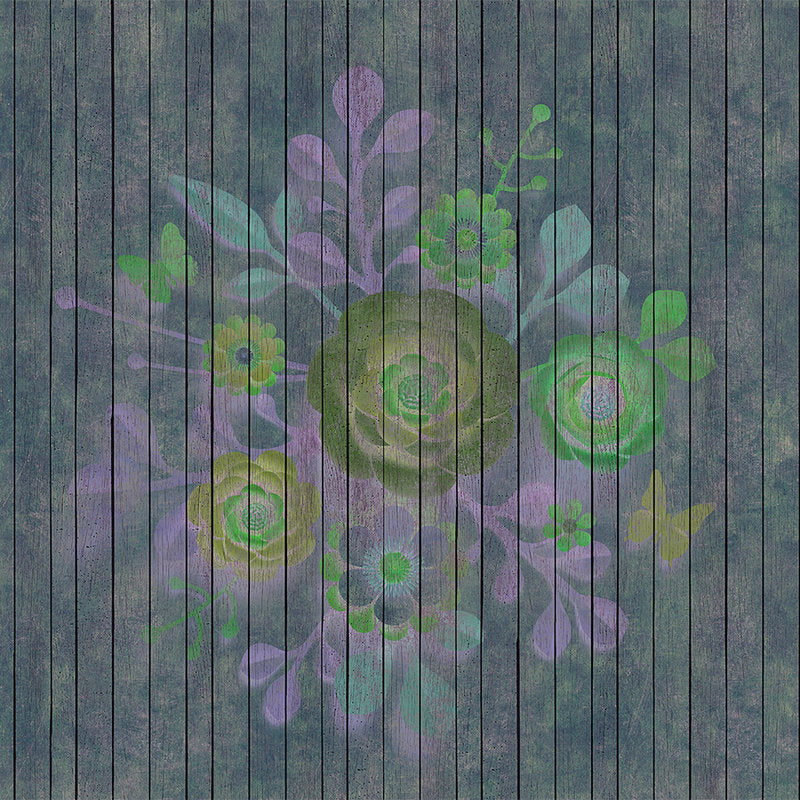 Fotomural Walls by Patel - Spray bouquet 2 - Photo wallpaper in wood panel structure with flowers on board wall - Blue, Green