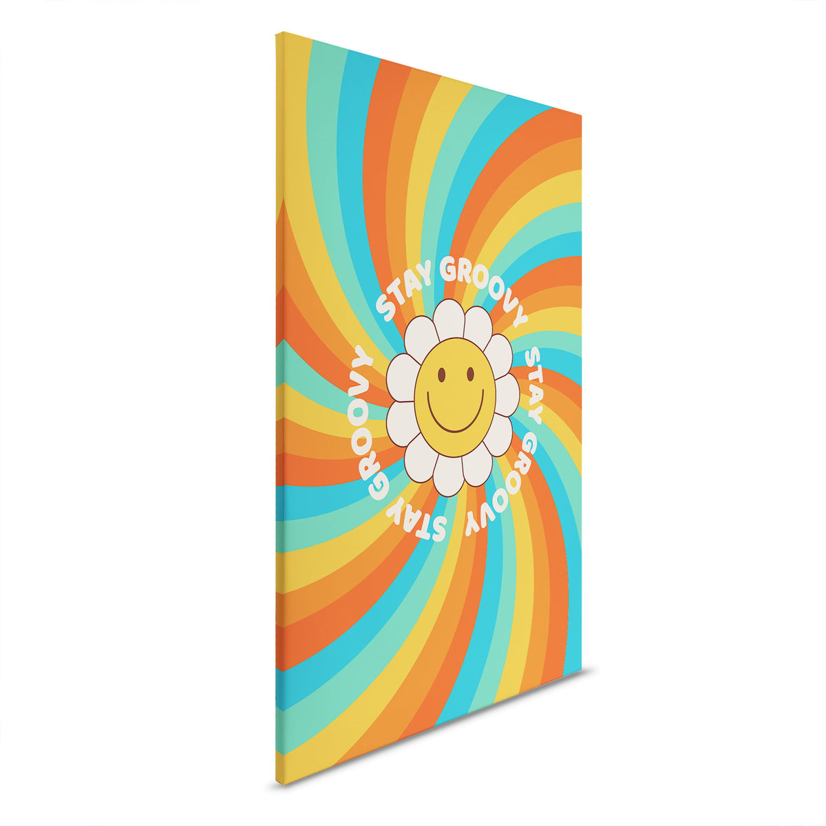Cuadro lienzo retro Stay Groovy - Remolino de color con flor sonriente