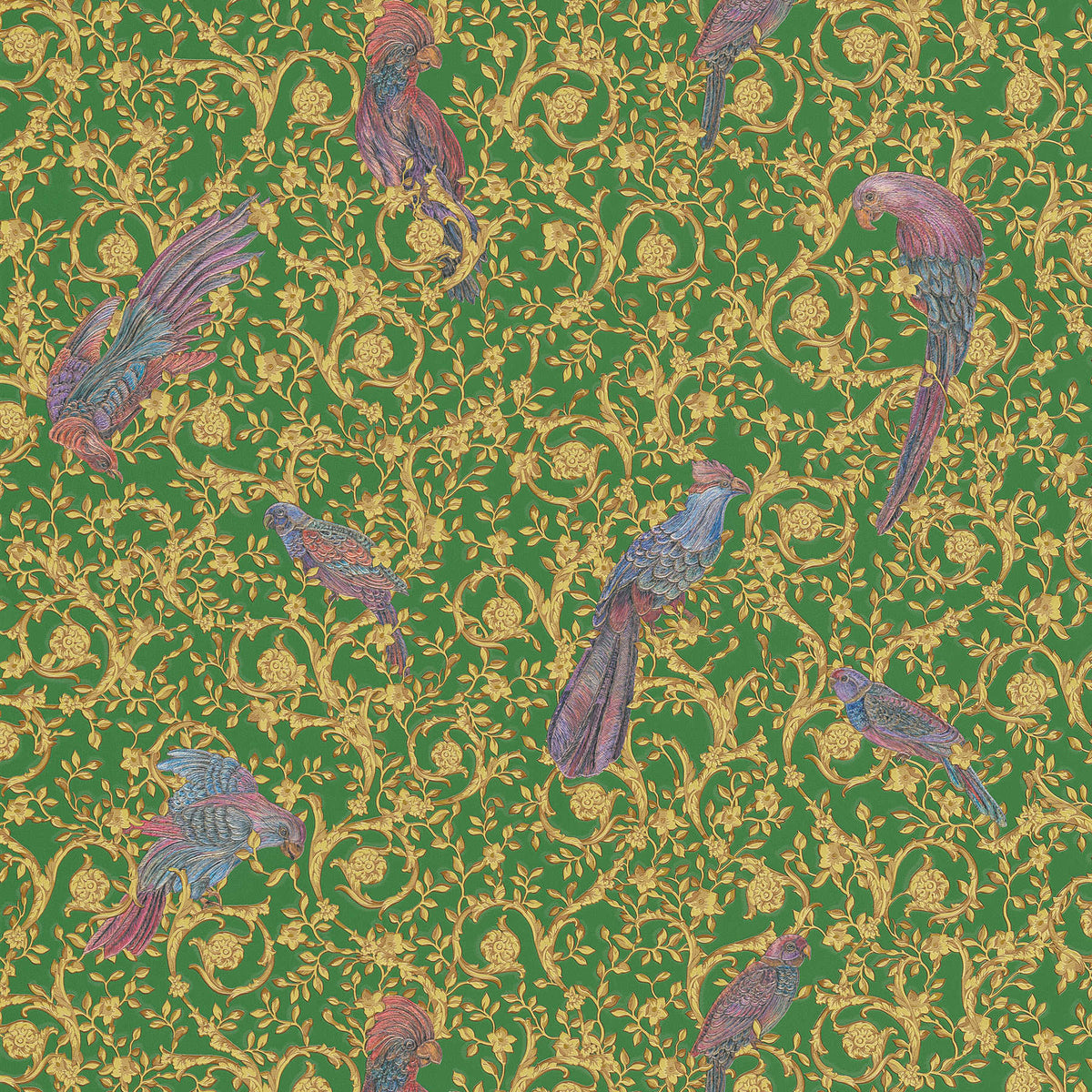 Papel pintado VERSACE Home pájaros del paraíso y acentos dorados - dorado, verde, morado