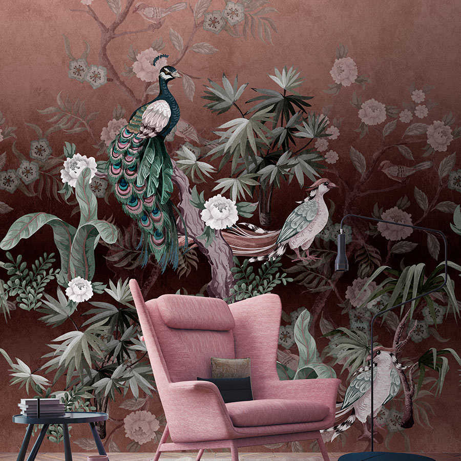 Fotomural Walls by Patel - Peacock Island 1 - wall mural peacock garden with flowers in antique pink
