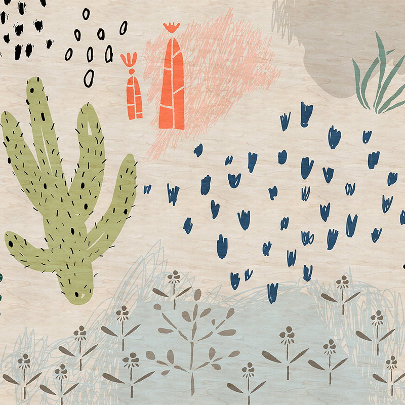 Fotomural Walls by Patel - Crayon garden2 - wallpaper Nursery in plywood structure, naive art - Beige, Blue
