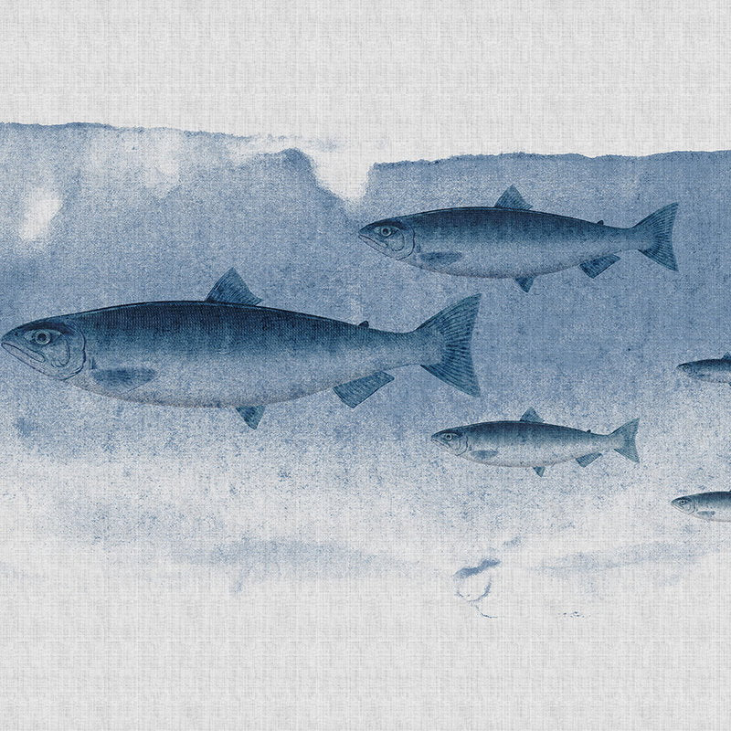 Fotomural Walls by Patel - Into the blue 1 - Fish watercolour in blue as a photo wallpaper in natural linen structure - Blue, Grey