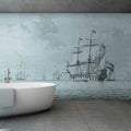 Fotomural Walls by Patel - On the Sea 1 - grey blue photo wallpaper ships vintage painting style