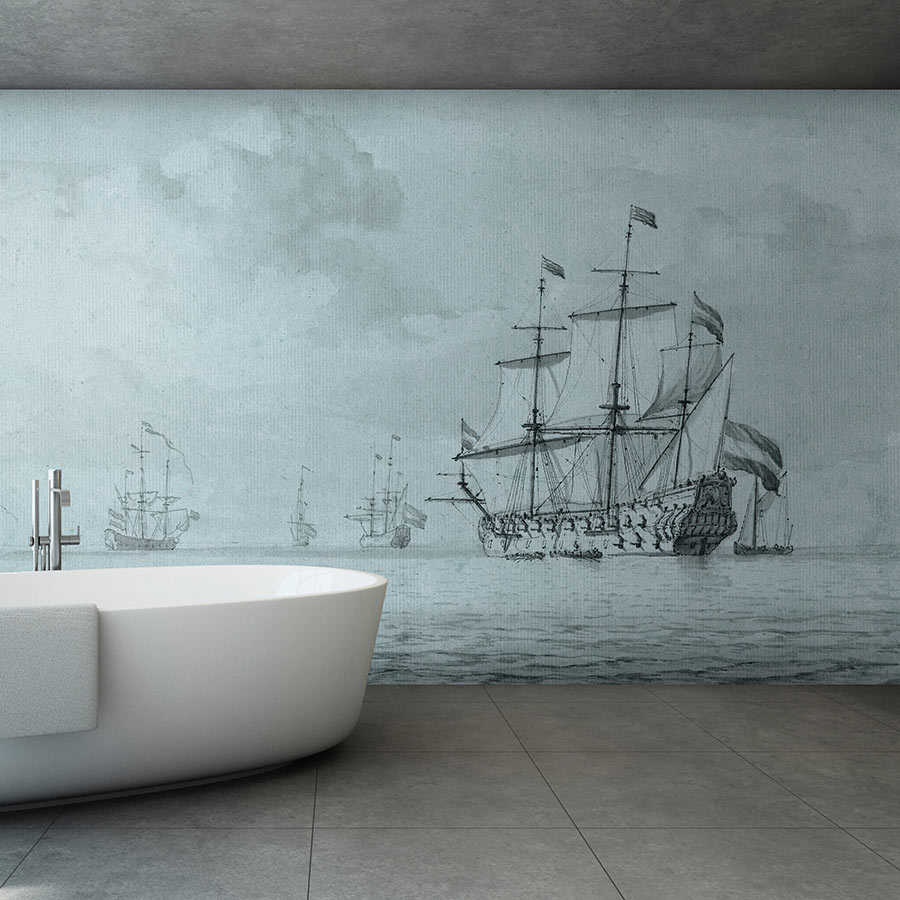 Fotomural Walls by Patel - On the Sea 1 - grey blue photo wallpaper ships vintage painting style