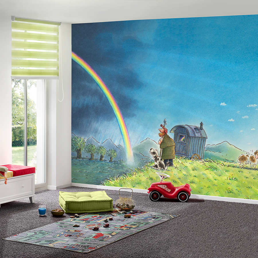 Fotomural Panel XXL 5 - Children mural shepherd with dog and rainbow on premium smooth vinyl