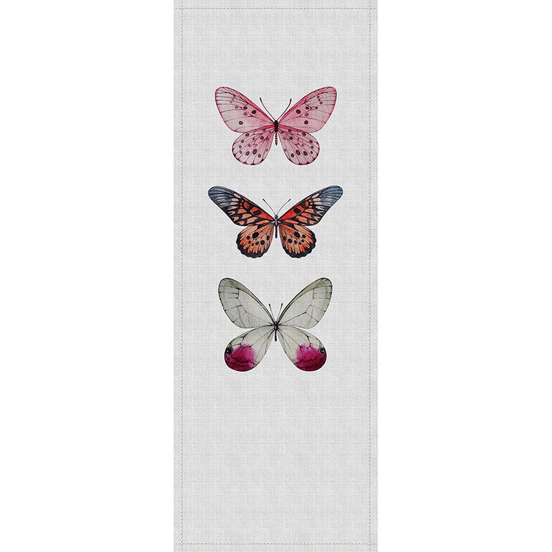 Fotomural Walls by Patel - Buzz panels 1 - photo wallpaper panel with colourful butterflies in natural linen structure - Grey, Pink