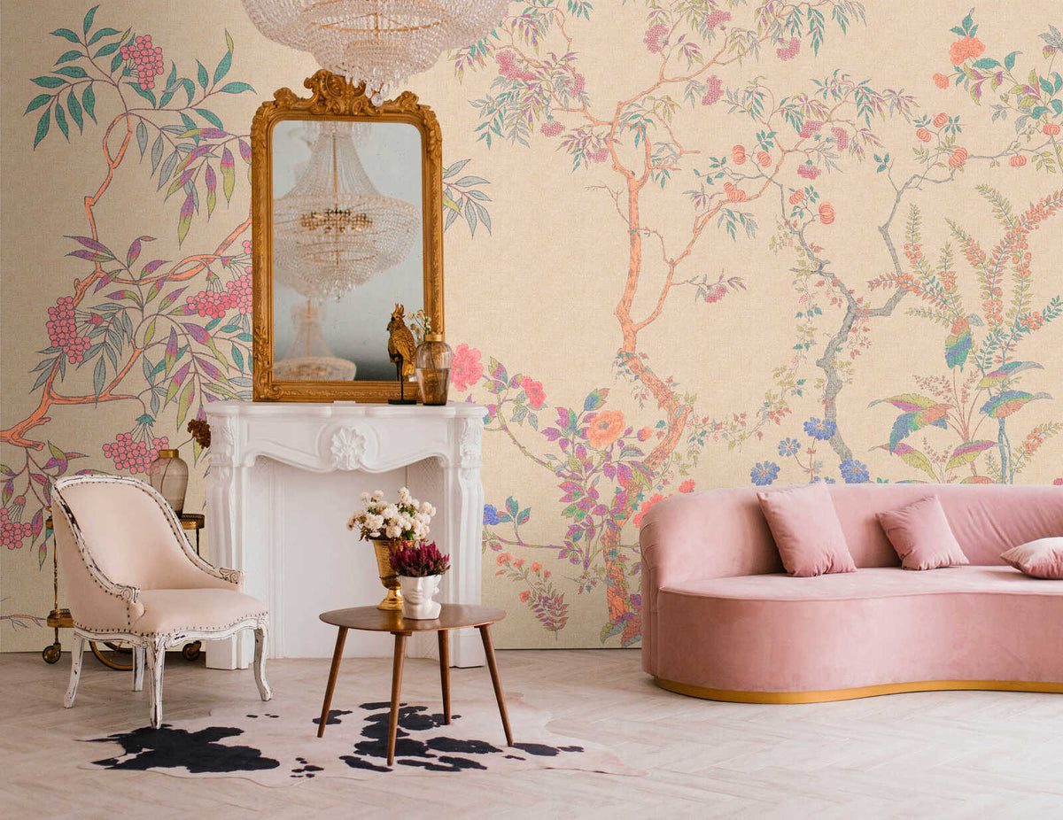Fotomural Walls by Patel - mira3 - Vintage botanical art wallpaper with branches in textile look - beige, orange