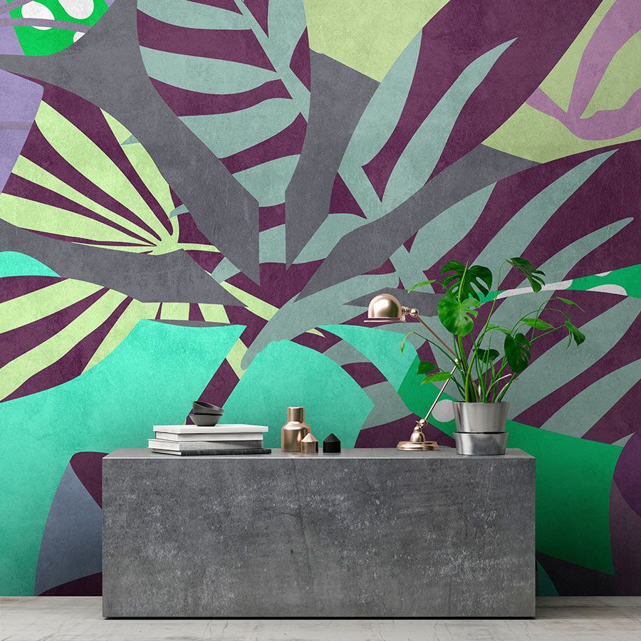 Fotomural Walls by Patel - Photo wallpaper »anais 2« - Abstract leaves on concrete plaster texture - Purple, Green