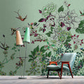 Fotomural Walls by Patel - Photo wallpaper »madras 1« - Green blossom motif with birds on kraft paper texture - Smooth, slightly shiny premium non-woven fabric