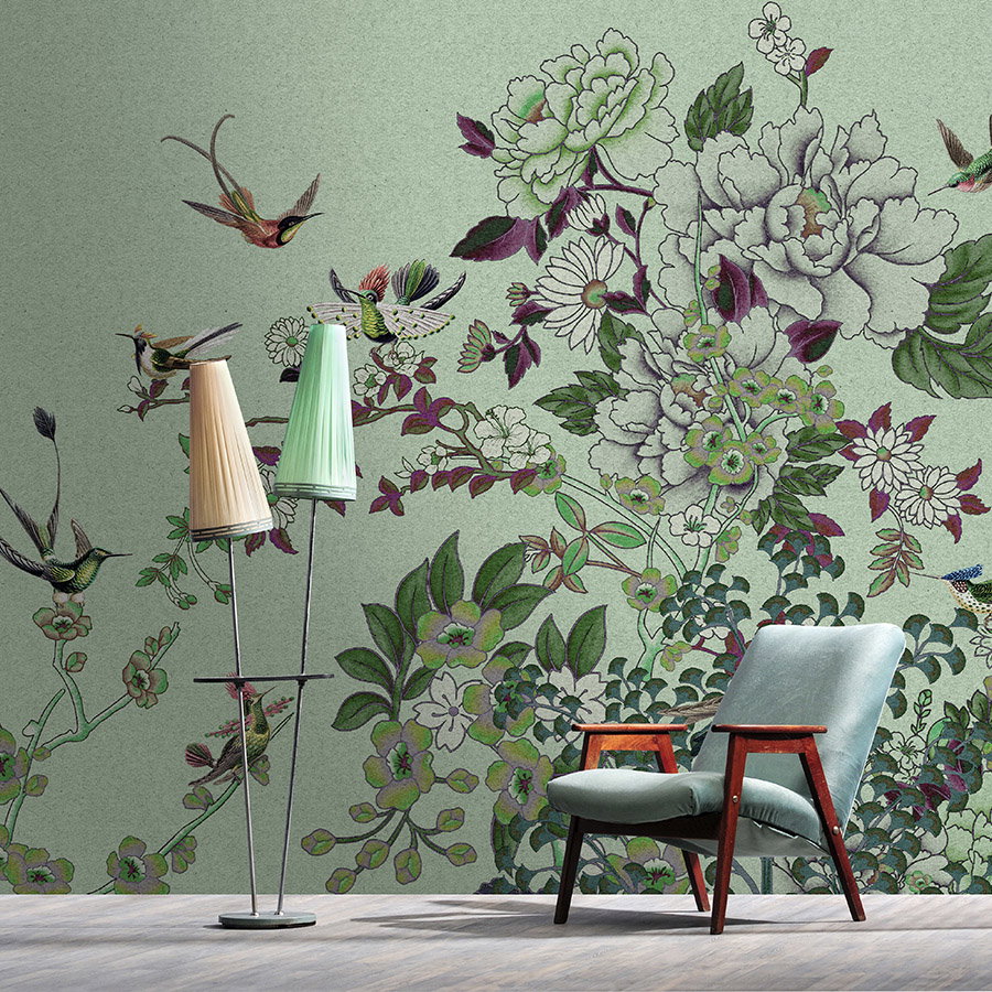 Fotomural Walls by Patel - Photo wallpaper »madras 1« - Green blossom motif with birds on kraft paper texture - Smooth, slightly shiny premium non-woven fabric