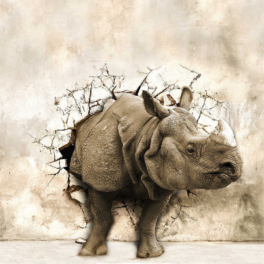 Fotomural Panel XXL 5 - Animal motif wall mural rhinoceros in the wall on premium smooth fleece