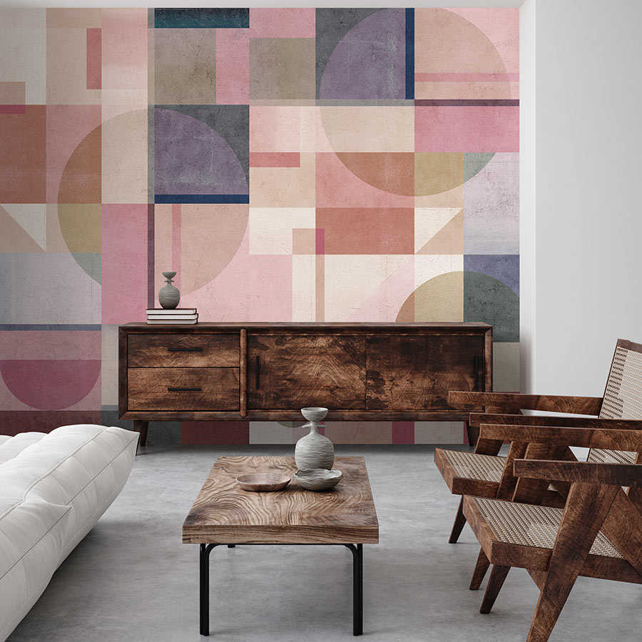 Fotomural Walls by Patel - Piazza 2 - concrete look photo wallpaper pink & green with graphic pattern
