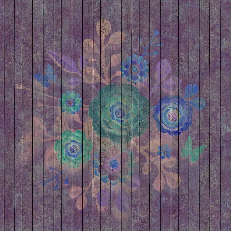 Fotomural Walls by Patel - Spray bouquet 1 - Photo wallpaper with flowers on board wall - Wooden panels wide - Blue, Green