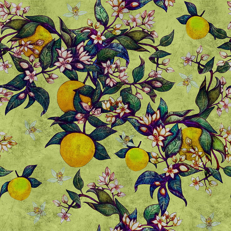 Fotomural Walls by Patel - Grapefruit Tree 1 - Scratch Textured Wallpaper with Citrus & Floral Pattern - Yellow, Green