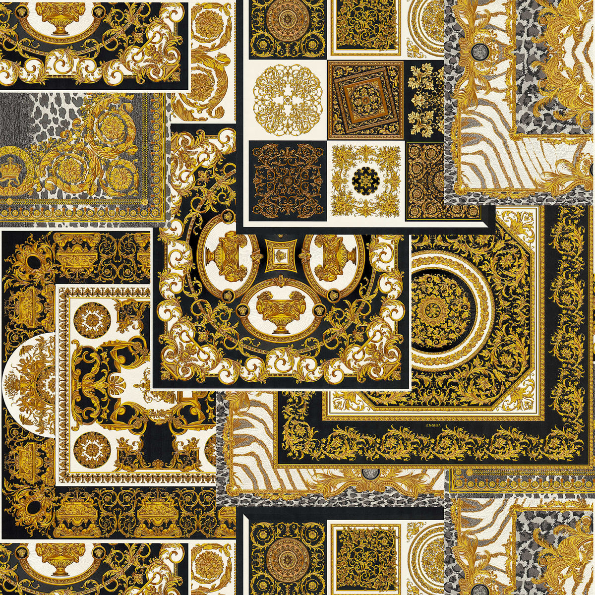 Papel pintado VERSACE Home detalles barrocos y estampado animal - oro, plata, negro