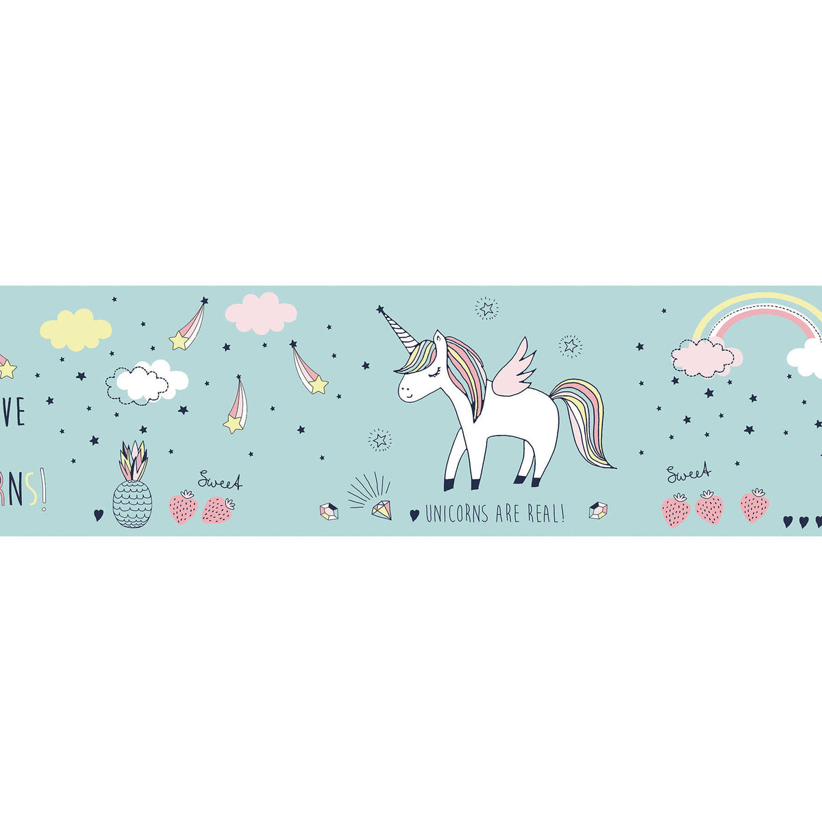 Fotomural Unicorn border for girls room 'Unicorns are real' - Blue, Pink, White - AP Digital 1