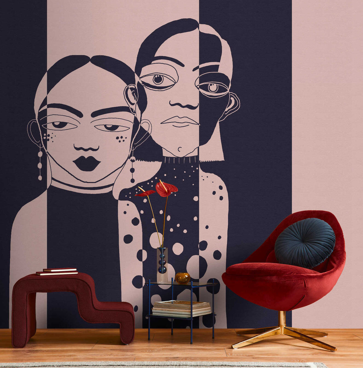 Fotomural Walls by Patel - sistaz3 - Photo wallpaper illustrative wall art with people in canvas look - pink, blue