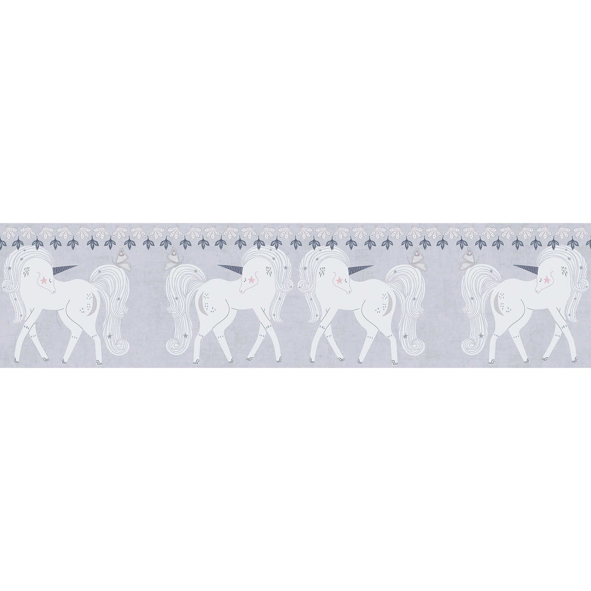 Fotomural Nursery border with unicorn motif - Magical accents for a fairytale children's room - grey, pink, white - AP Digital 1