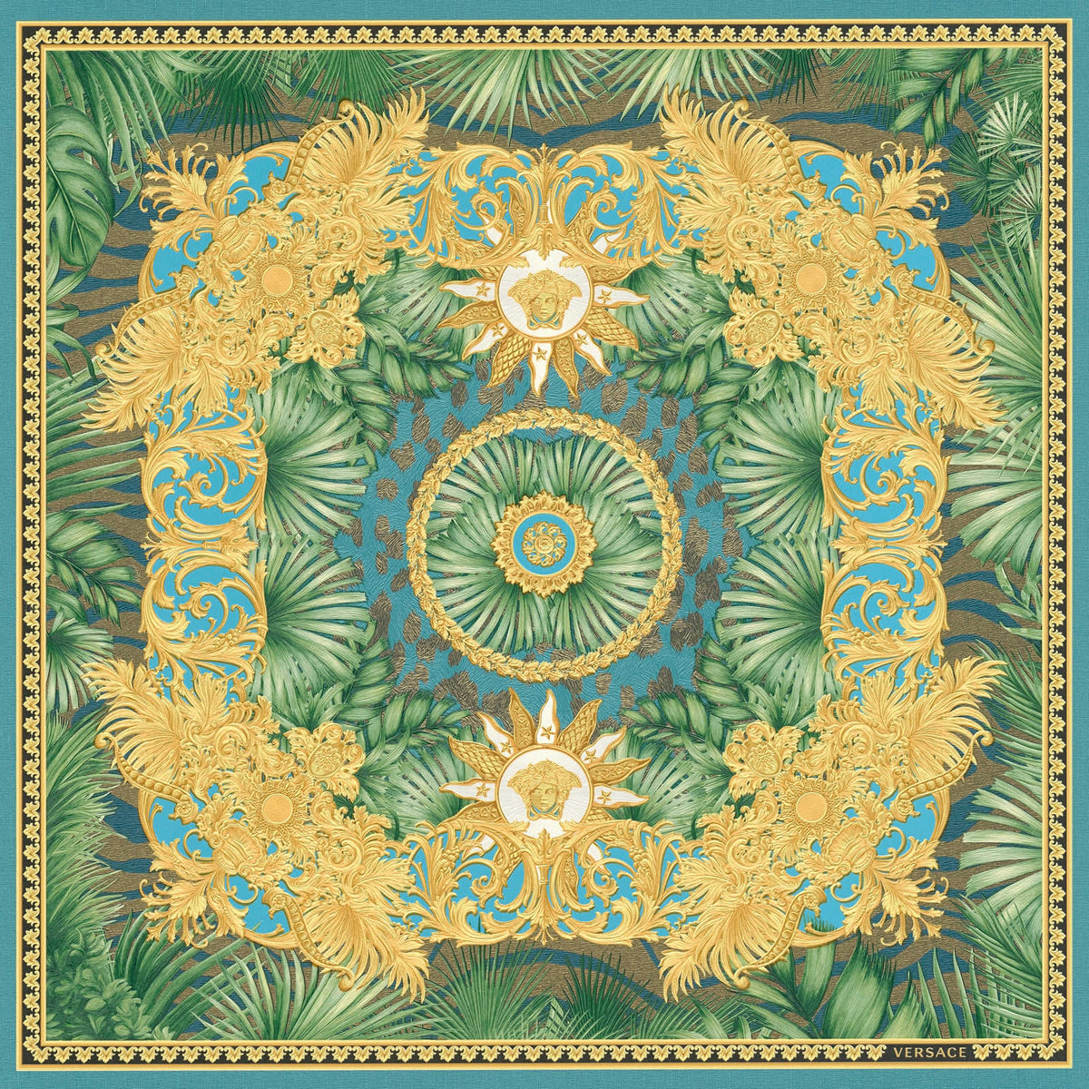 Papel pintado VERSACE motivo selva y ornamento - verde, metálico