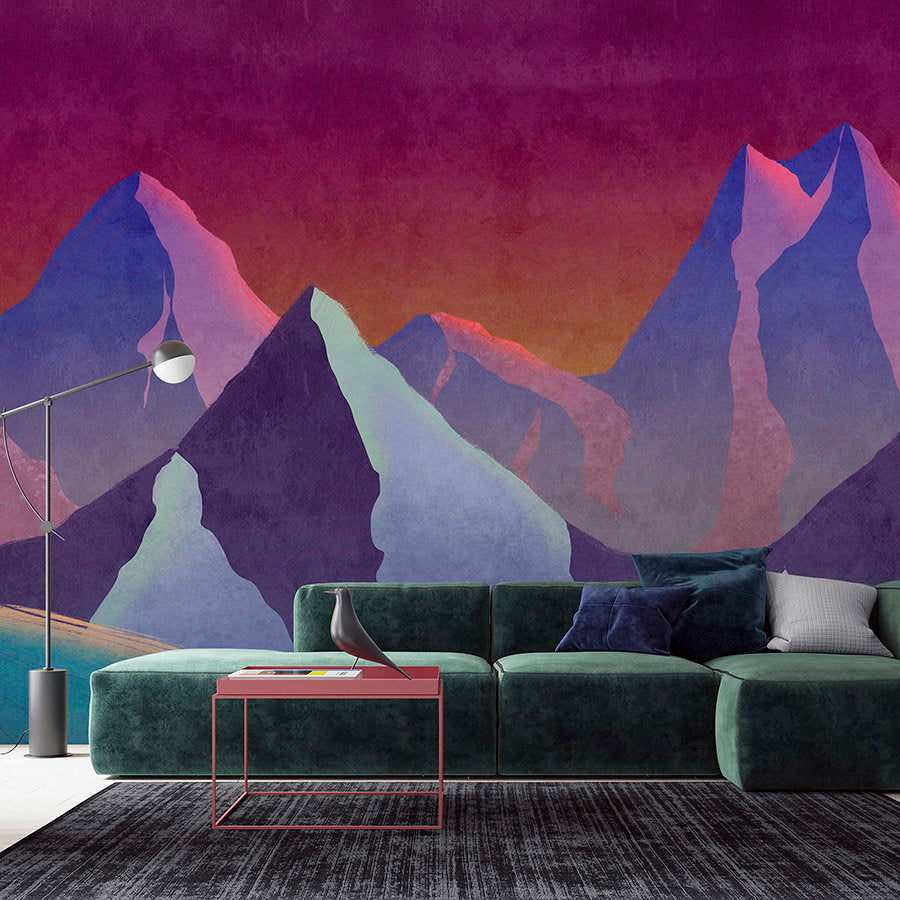 Fotomural Walls by Patel - Photo wallpaper »altitude 1« - Abstract mountains in neon colours with vintage plaster texture - Smooth, slightly shiny premium non-woven fabric