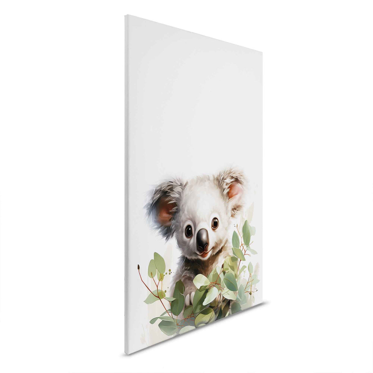 Cuadro lienzo habitación infantil Bebé Koala con planta mágica - Tipo mural detallado en colores suaves.