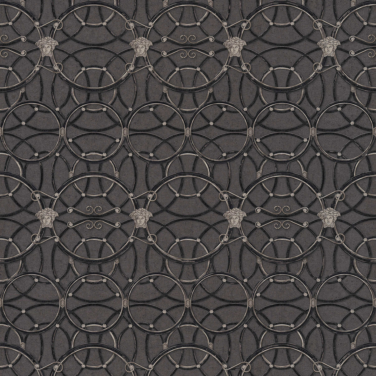 Papel pintado VERSACE Home con motivo de círculos, efecto metálico - plata, negro