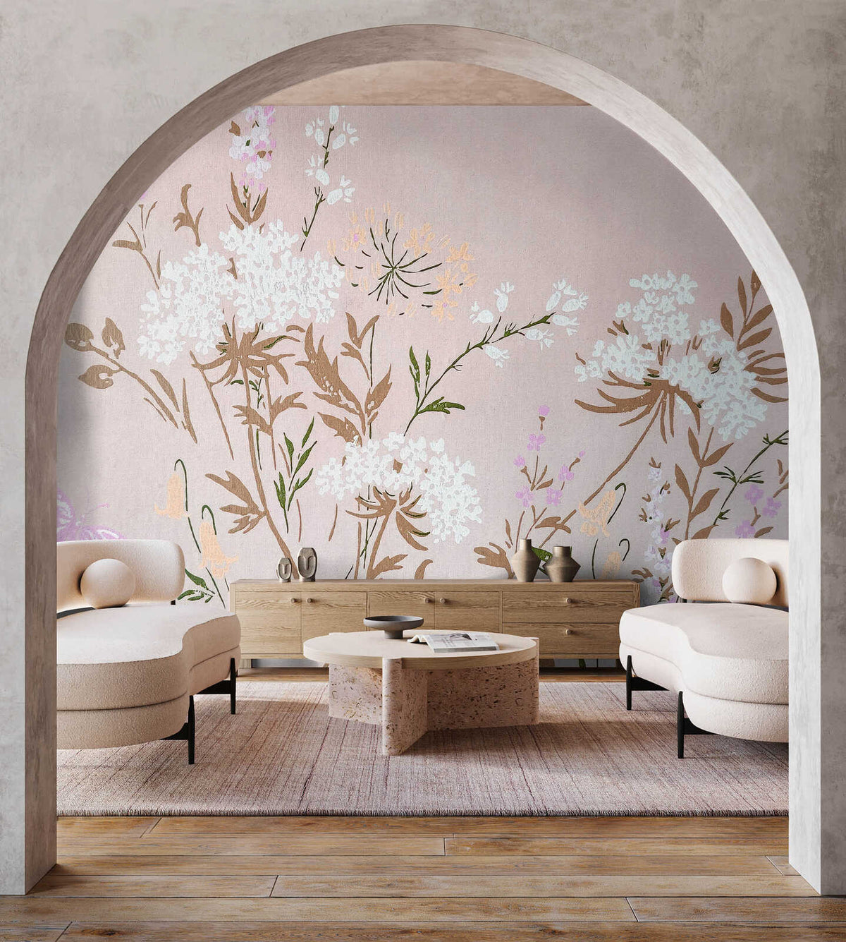 Fotomural Walls by Patel - jardin2 - Photo wallpaper modern flower illustration with fine structure in handmade paper look - pink, brown