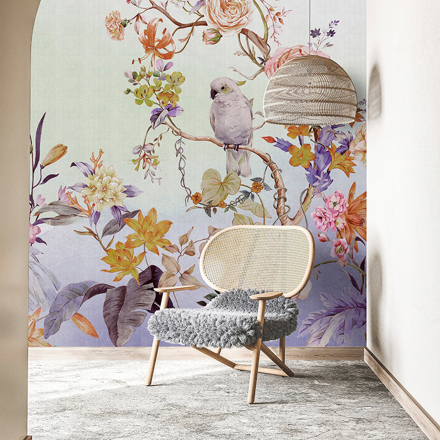 Fotomural Walls by Patel - Photo wallpaper »paradise« - Bird & flowers with colour gradient and linen texture in the background - Colourful