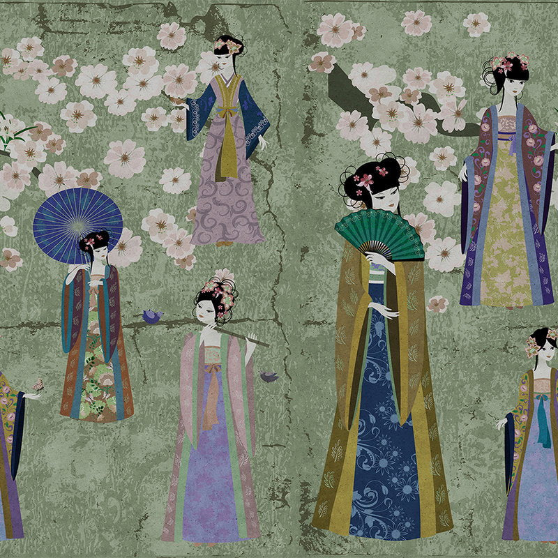 Fotomural Walls by Patel - mural Japan comic with cherry blossoms - green, blue