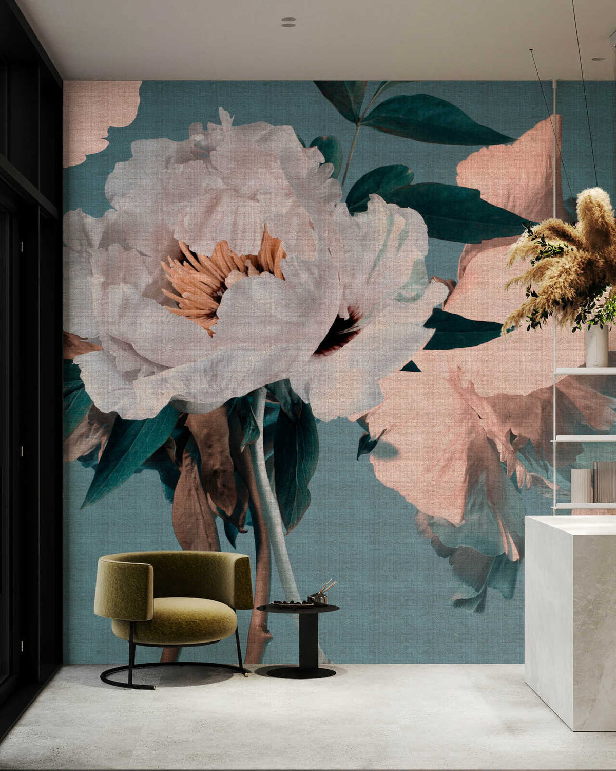 Fotomural Walls by Patel - camelia - Floral vintage art wallpaper with blossoms in textile look - petrol, pink