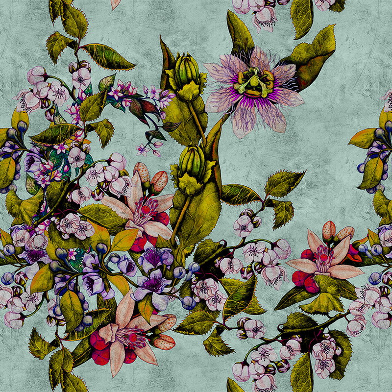 Fotomural Walls by Patel - Tropical Passion 2 - Scratchy Textured Wallpaper with Blossoms and Buds - Green